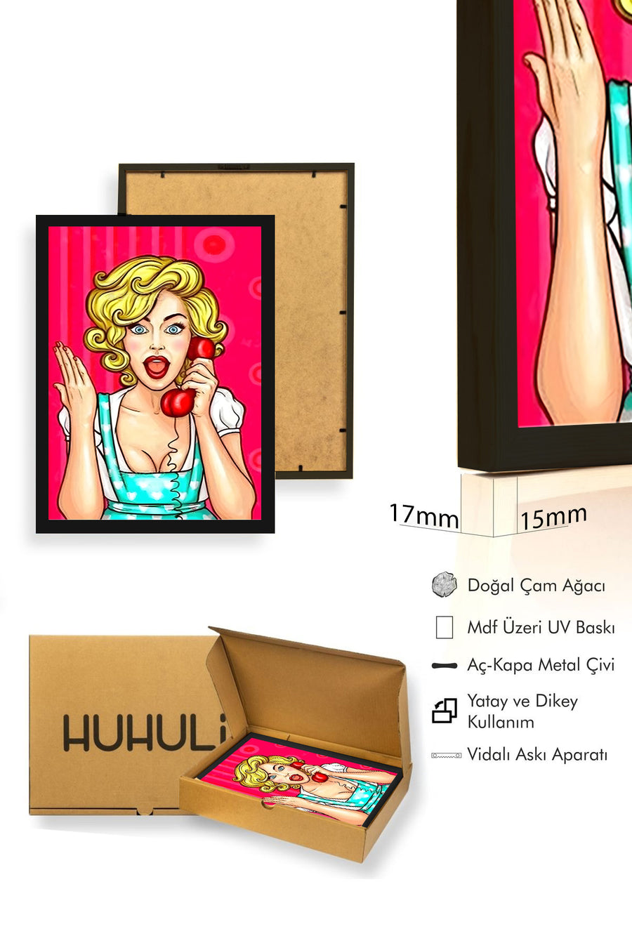 Doğal Ahşap Çerçeveli Pop Art Desenli Tablo - Retro Pembe Tonlar | huhu1812
