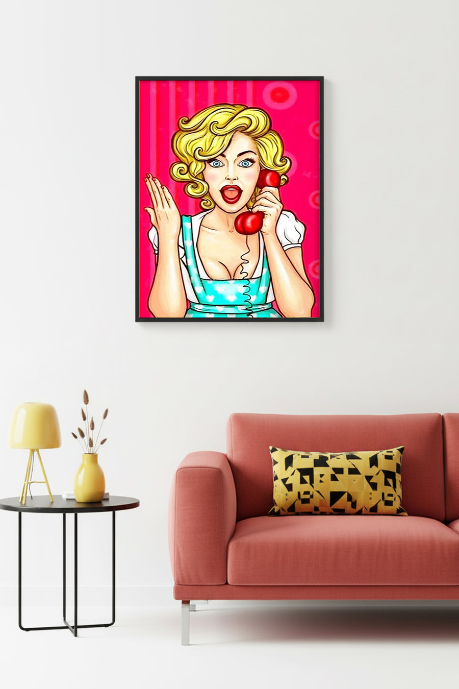 Doğal Ahşap Çerçeveli Pop Art Desenli Tablo - Retro Pembe Tonlar | huhu1812
