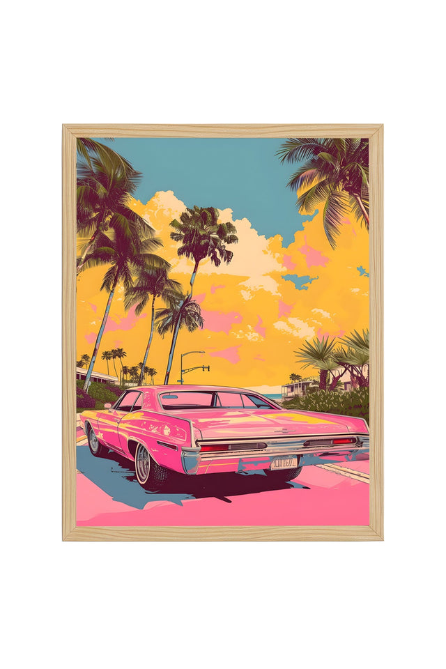 Doğal Ahşap Çerçeveli Tropical Desenli Tablo - Retro Pembe Tonlar | huhu1813