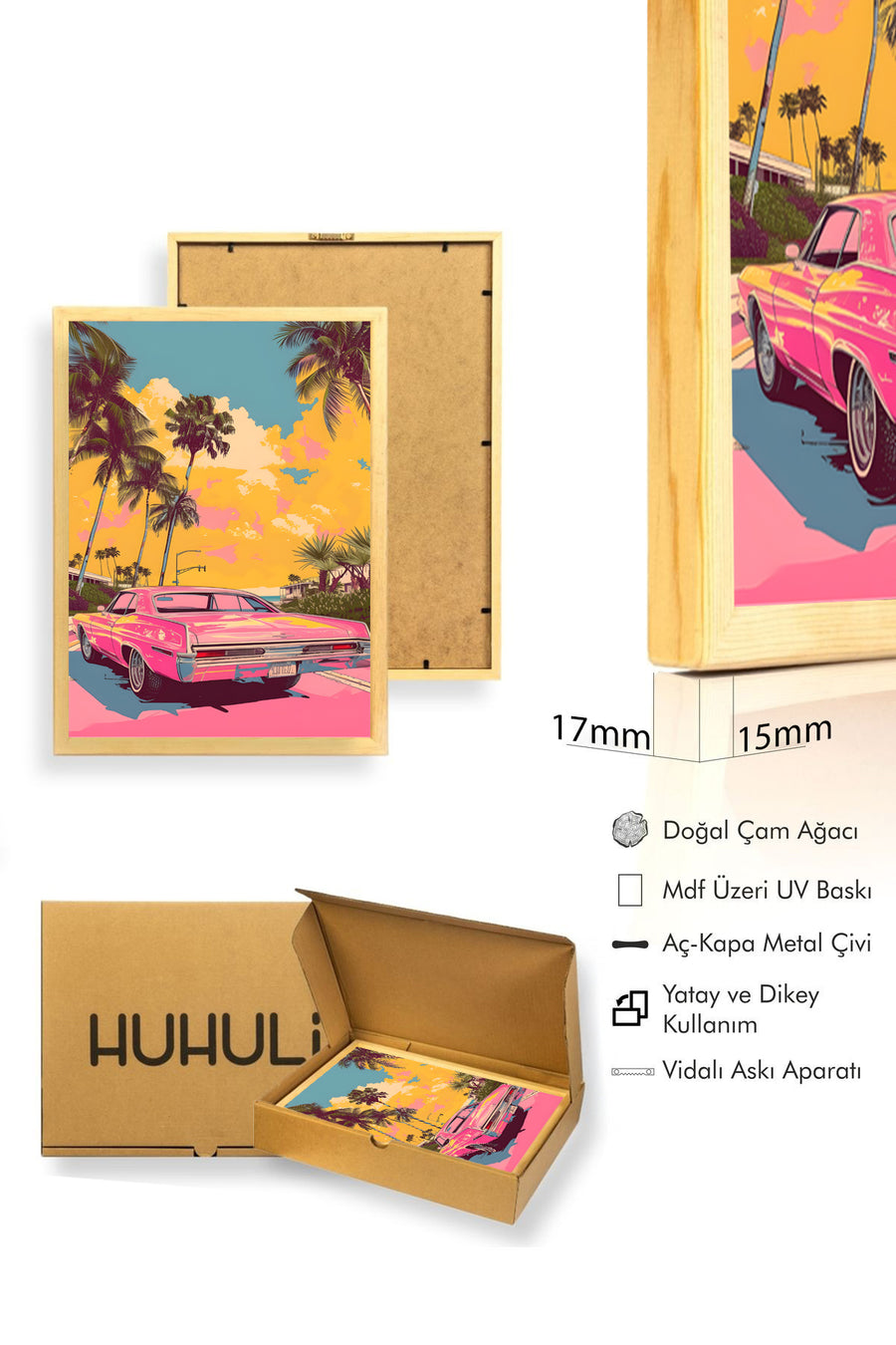 Doğal Ahşap Çerçeveli Tropical Desenli Tablo - Retro Pembe Tonlar | huhu1813