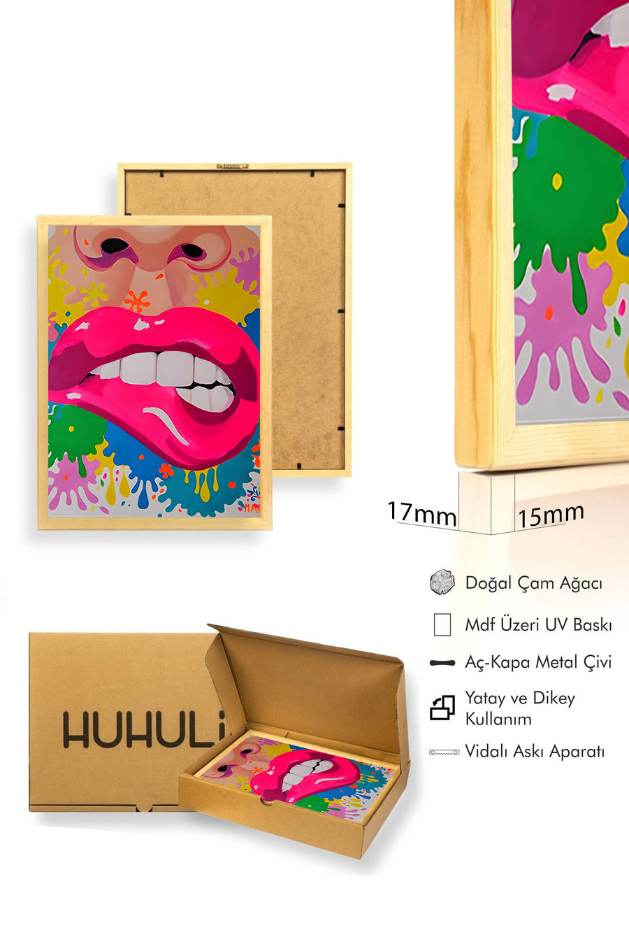 Doğal Ahşap Çerçeveli Pop Art Pembe Dudak Tablo - Canlı Tonlar | huhu1814