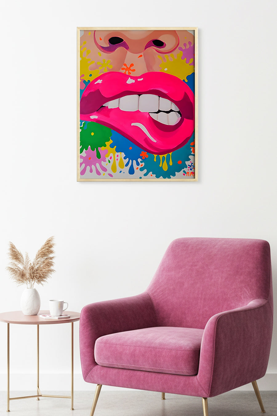 Doğal Ahşap Çerçeveli Pop Art Pembe Dudak Tablo - Canlı Tonlar | huhu1814