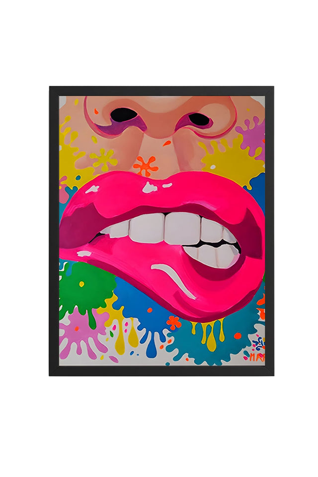 Doğal Ahşap Çerçeveli Pop Art Pembe Dudak Tablo - Canlı Tonlar | huhu1814