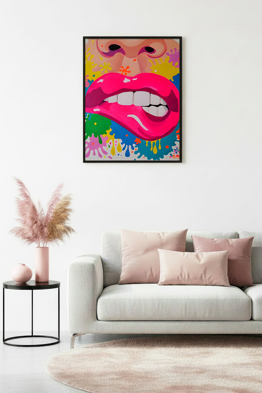 Doğal Ahşap Çerçeveli Pop Art Pembe Dudak Tablo - Canlı Tonlar | huhu1814