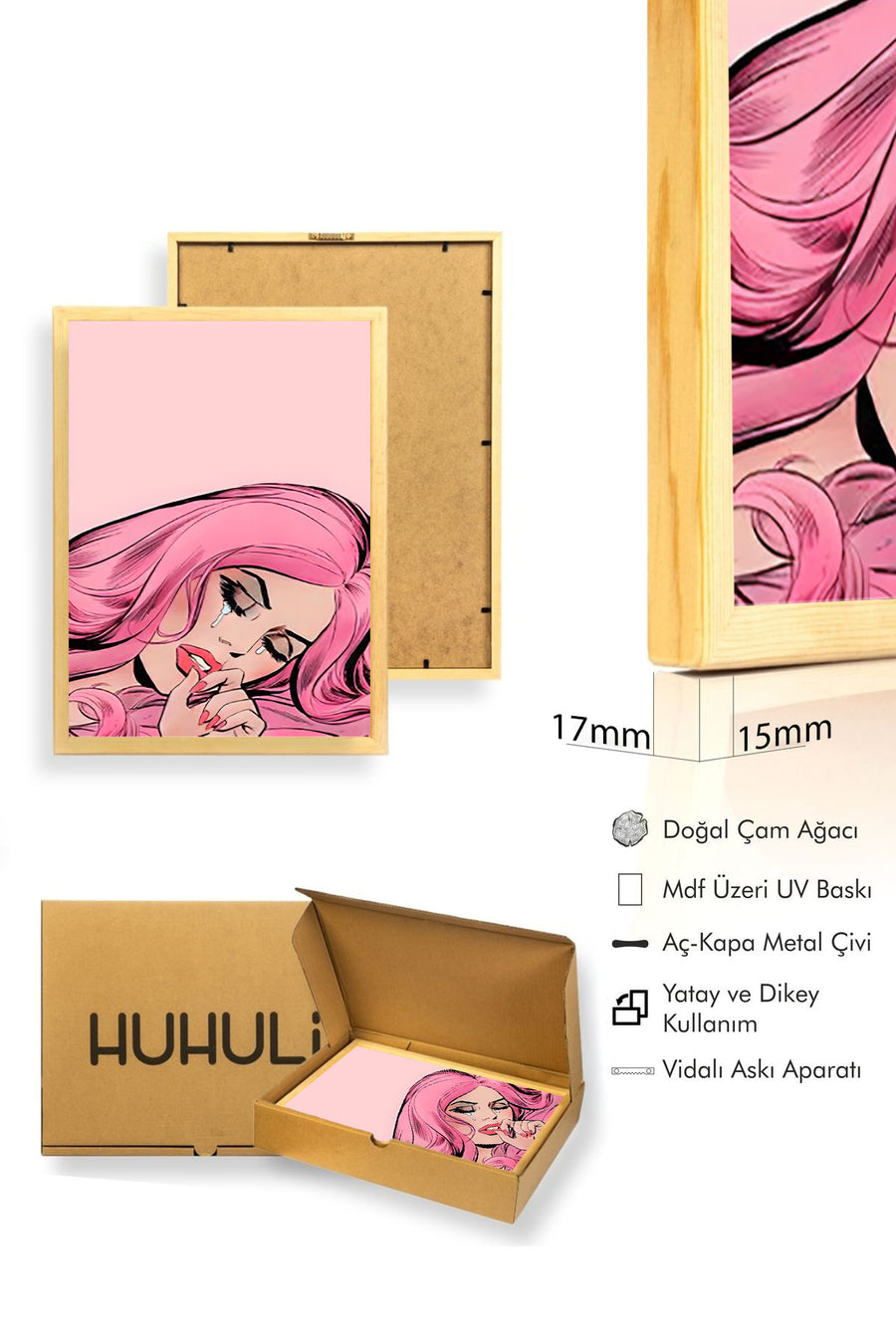 Doğal Ahşap Çerçeveli Pop Art Portre Tablo - Pembe Tonlar | huhu1819