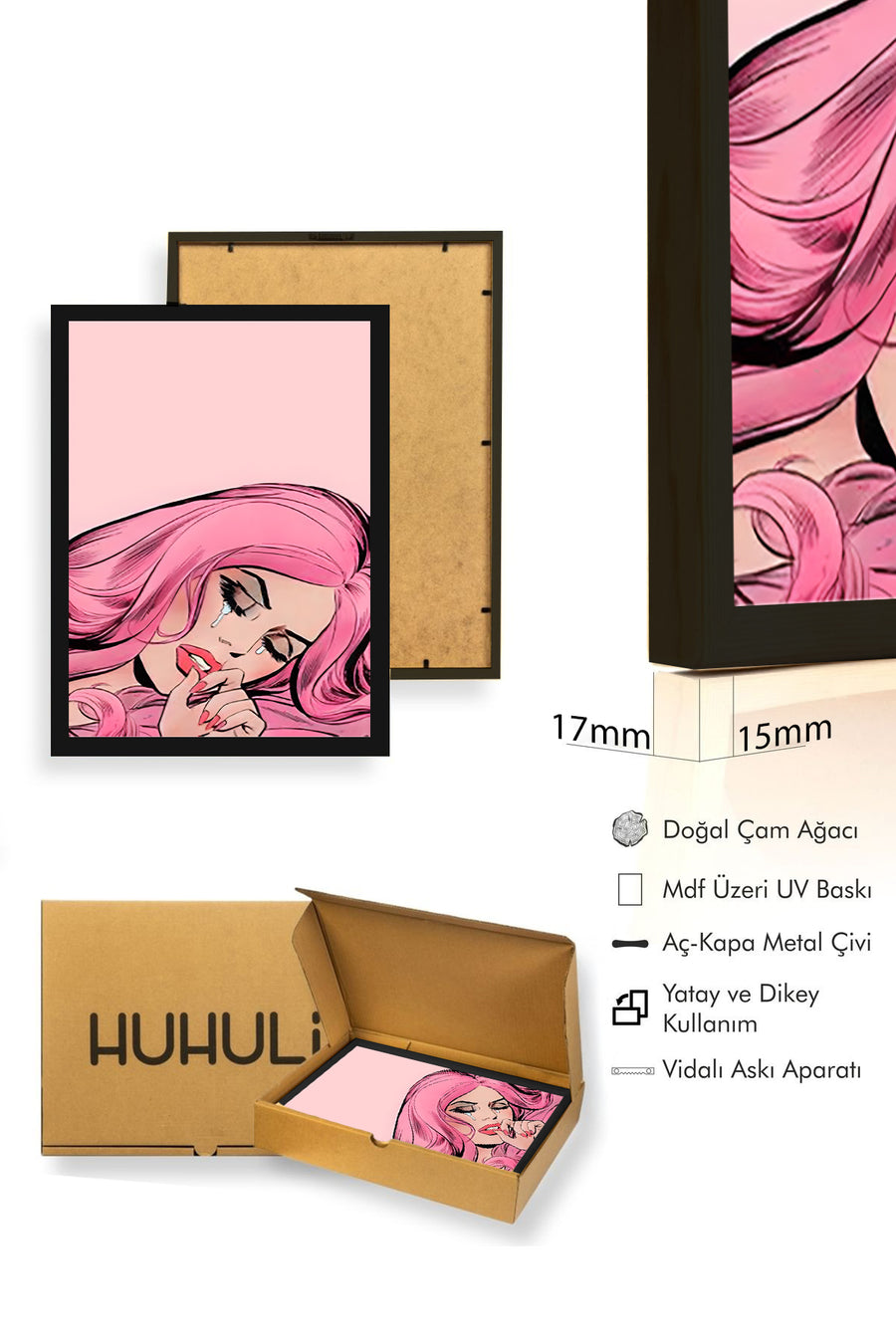 Doğal Ahşap Çerçeveli Pop Art Portre Tablo - Pembe Tonlar | huhu1819