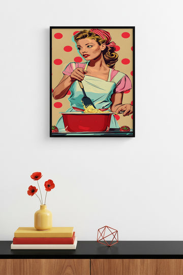 Doğal Ahşap Çerçeveli Mutfak İllüstrasyonlu Tablo - Retro Kırmızı Sarı | huhu1826