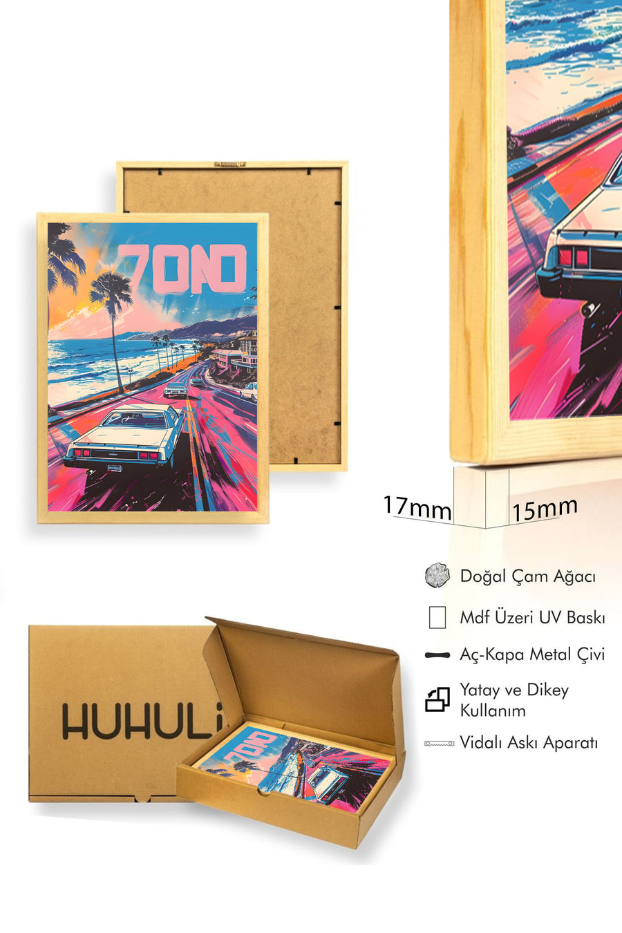 Doğal Ahşap Çerçeveli Retro Sahil Manzaralı Tablo - Turkuaz-Pembe | huhu1828