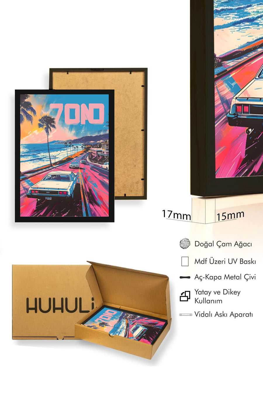 Doğal Ahşap Çerçeveli Retro Sahil Manzaralı Tablo - Turkuaz-Pembe | huhu1828