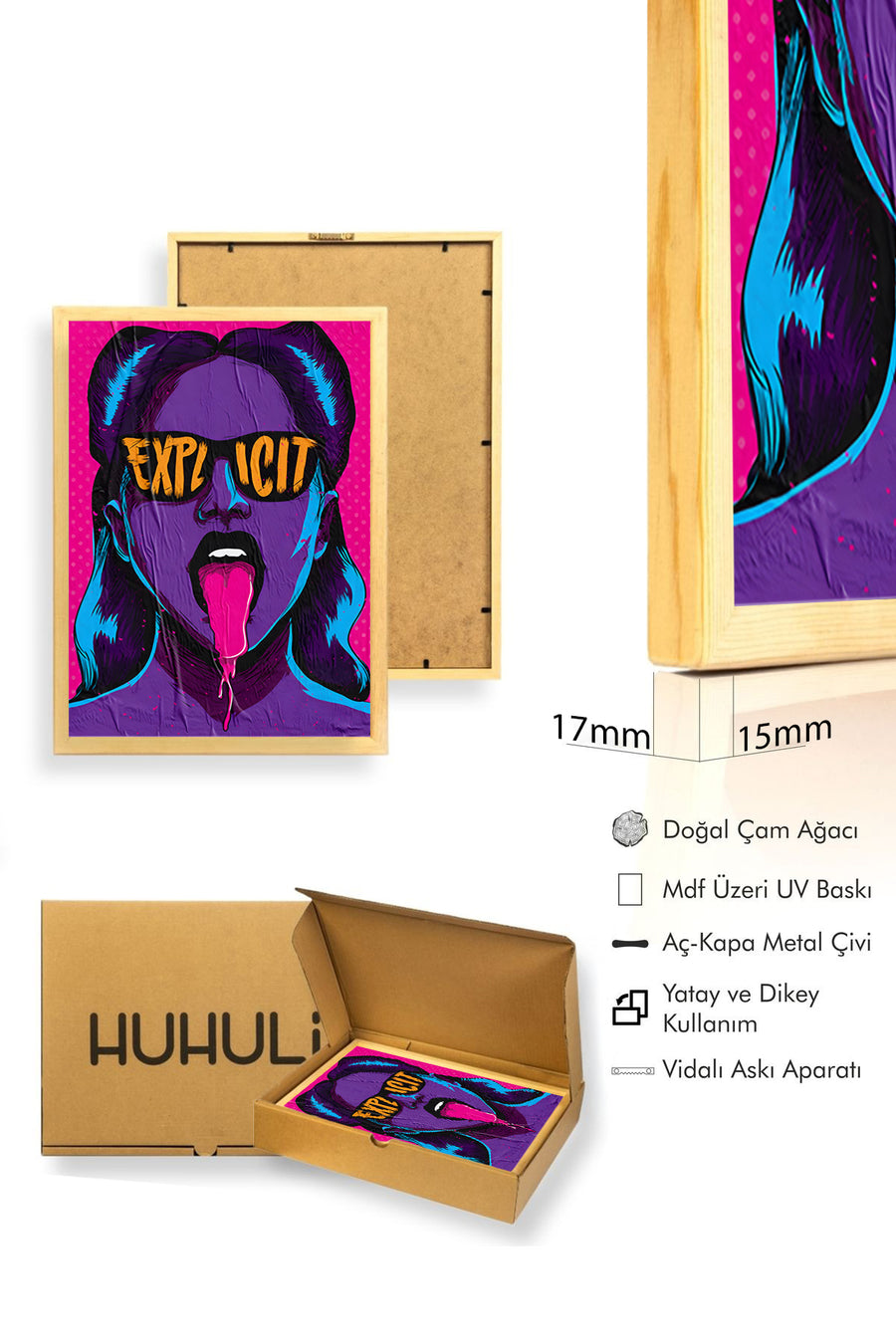 Doğal Ahşap Çerçeveli Pop Art Desenli Tablo - Pembe Mor | huhu1831