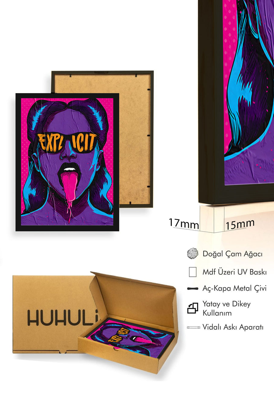 Doğal Ahşap Çerçeveli Pop Art Desenli Tablo - Pembe Mor | huhu1831