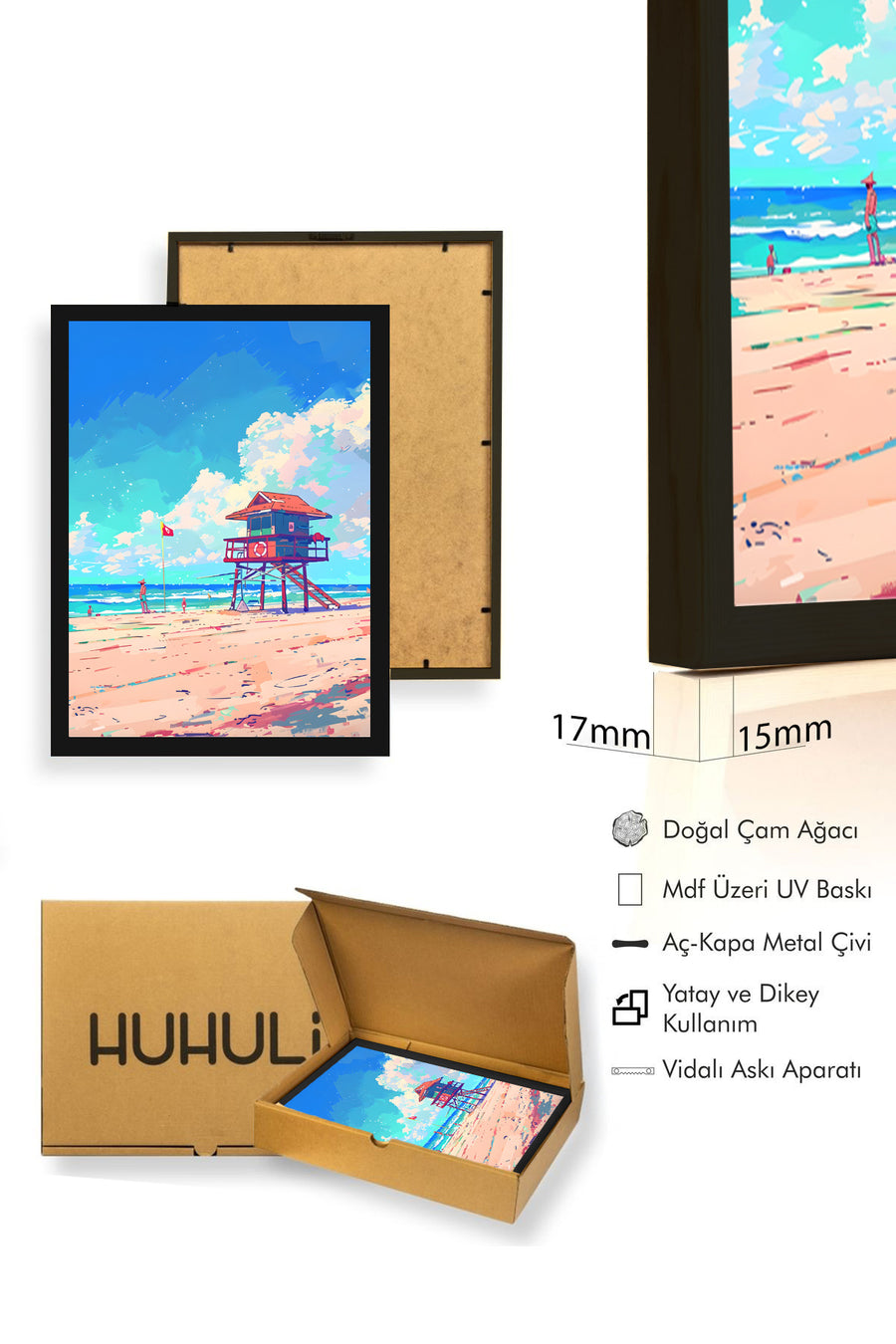 Doğal Ahşap Çerçeveli Sahil Tablo - İllüstratif Desen - Yaz Temalı | huhu1838