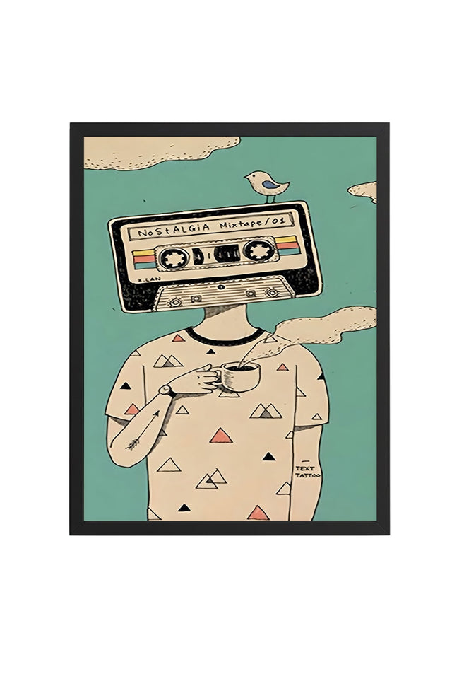 Doğal Ahşap Çerçeveli Retro Mixtape Tablo - Müzik Temalı İllüstrasyon | huhu1842