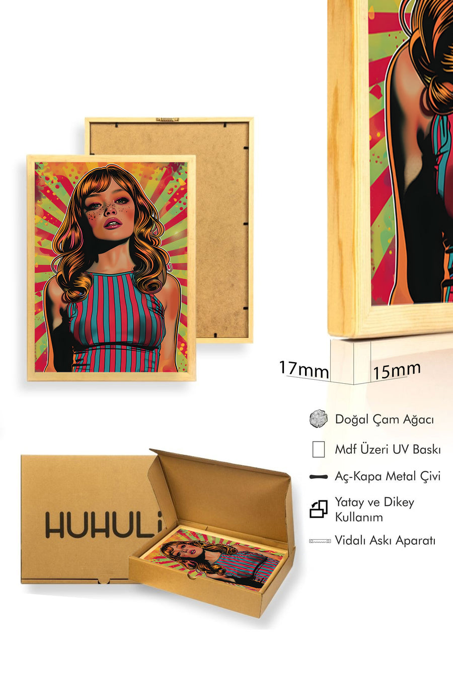 Doğal Ahşap Çerçeveli Pop Art Portre Tablo - Canlı Renkler | huhu1843
