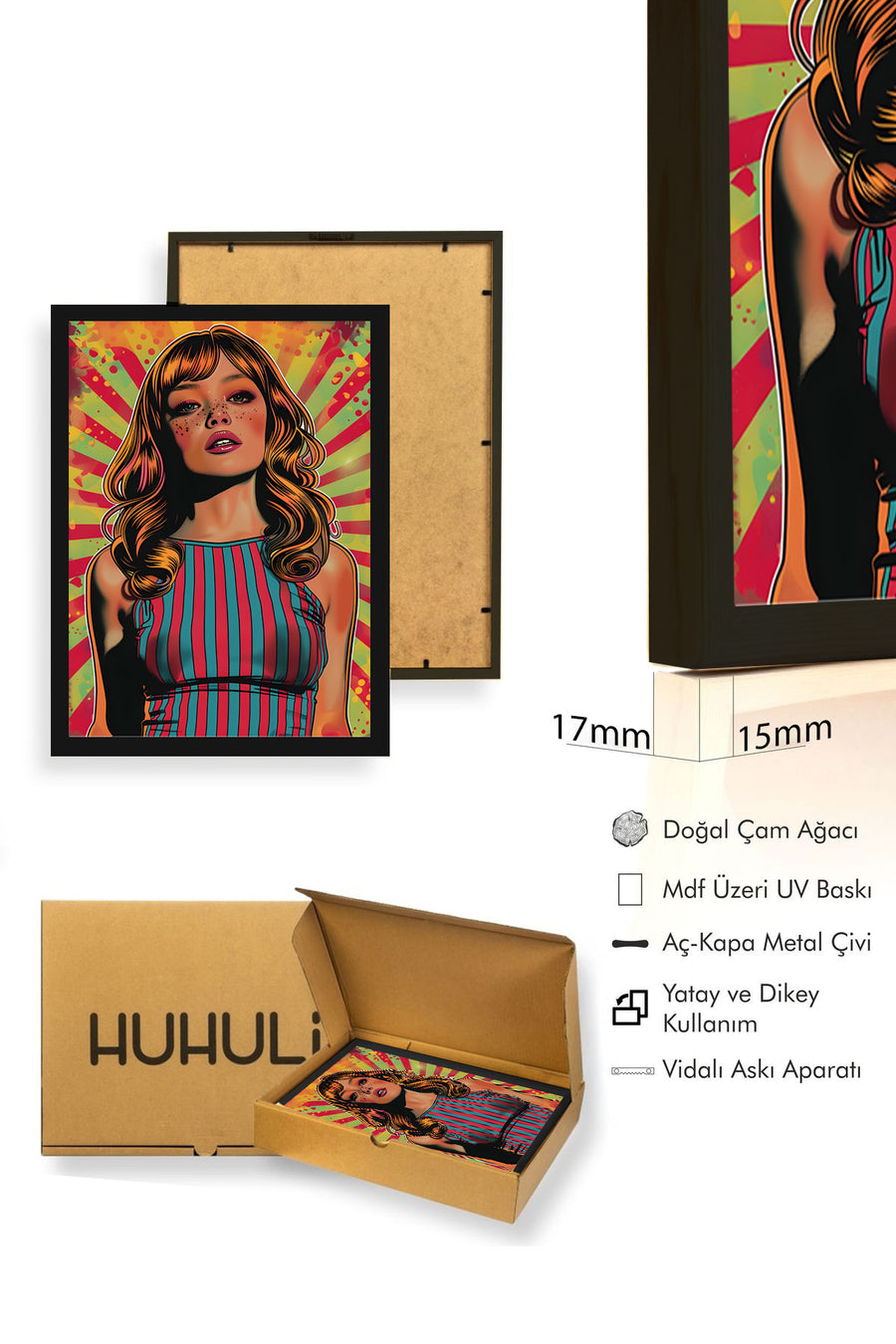 Doğal Ahşap Çerçeveli Pop Art Portre Tablo - Canlı Renkler | huhu1843