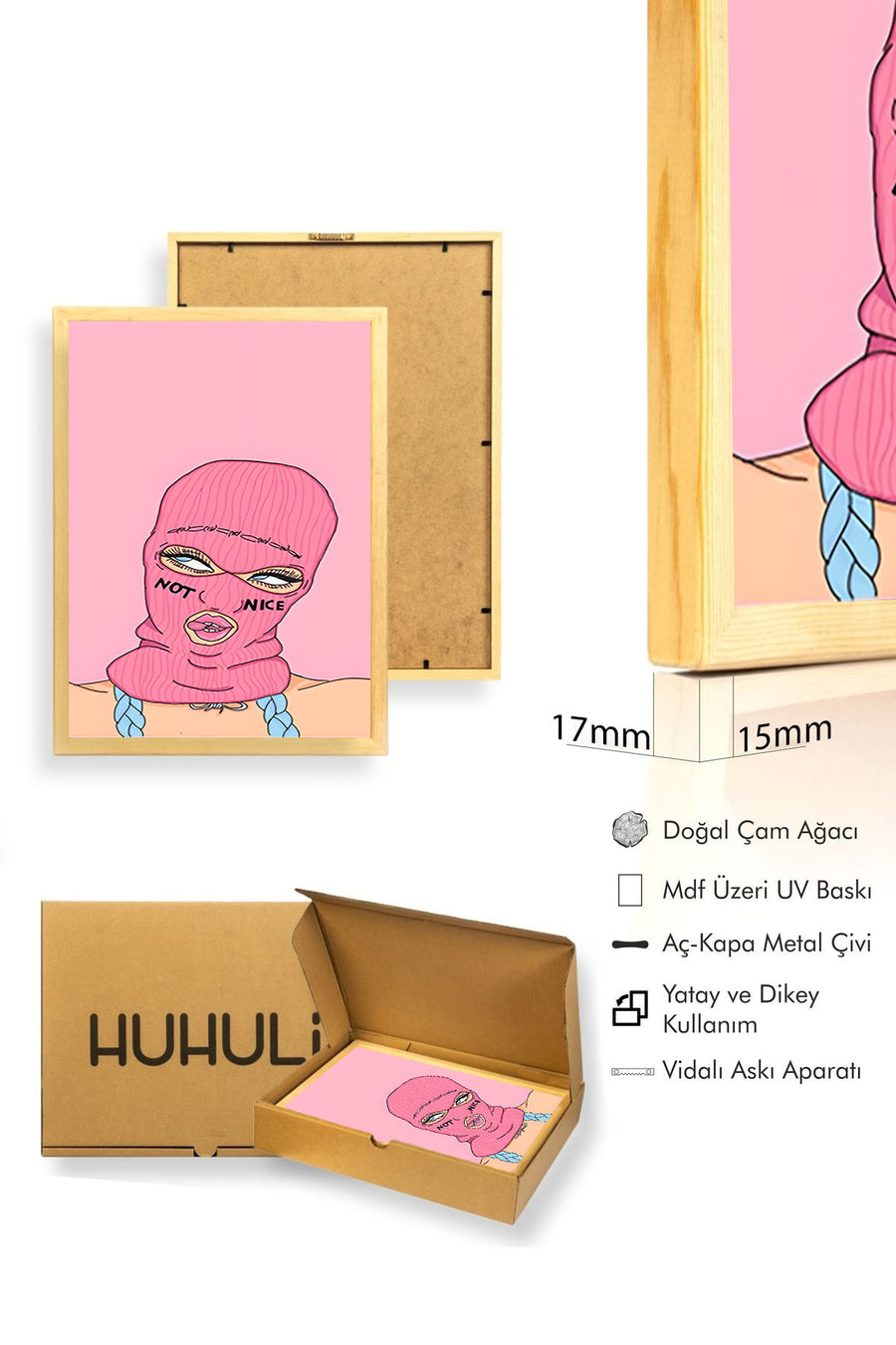 Doğal Ahşap Çerçeveli Pembe İllüstrasyon Desenli Tablo - Minimal | huhu1844