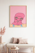 Doğal Ahşap Çerçeveli Pembe İllüstrasyon Desenli Tablo - Minimal | huhu1844