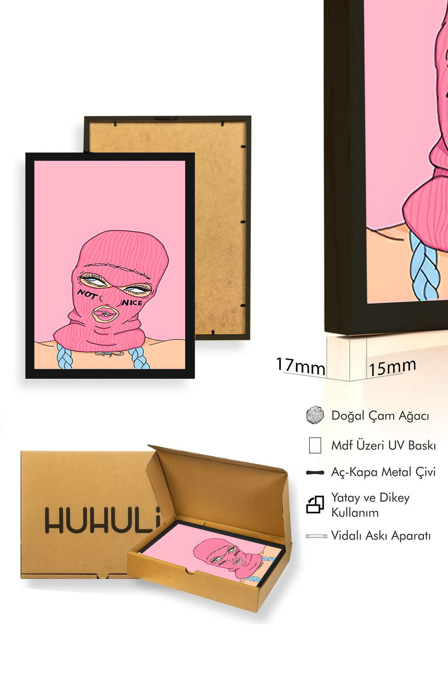 Doğal Ahşap Çerçeveli Pembe İllüstrasyon Desenli Tablo - Minimal | huhu1844