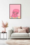 Doğal Ahşap Çerçeveli Pembe İllüstrasyon Desenli Tablo - Minimal | huhu1844
