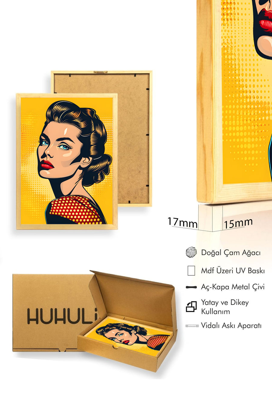 Doğal Ahşap Çerçeveli Portre Tablo - Pop Art Tarzı - Canlı Sarı | huhu1845