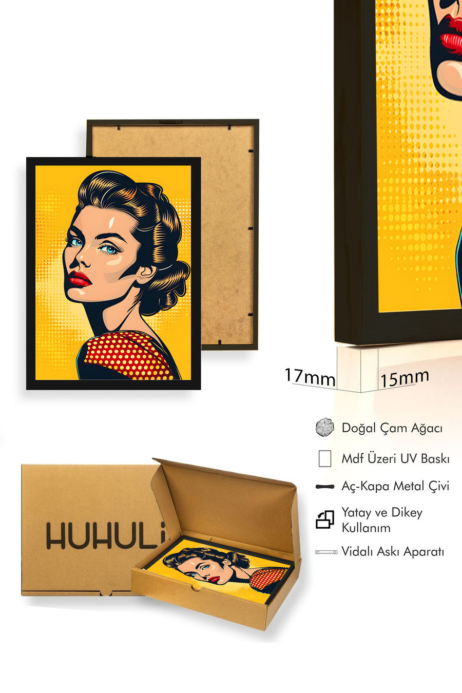 Doğal Ahşap Çerçeveli Portre Tablo - Pop Art Tarzı - Canlı Sarı | huhu1845