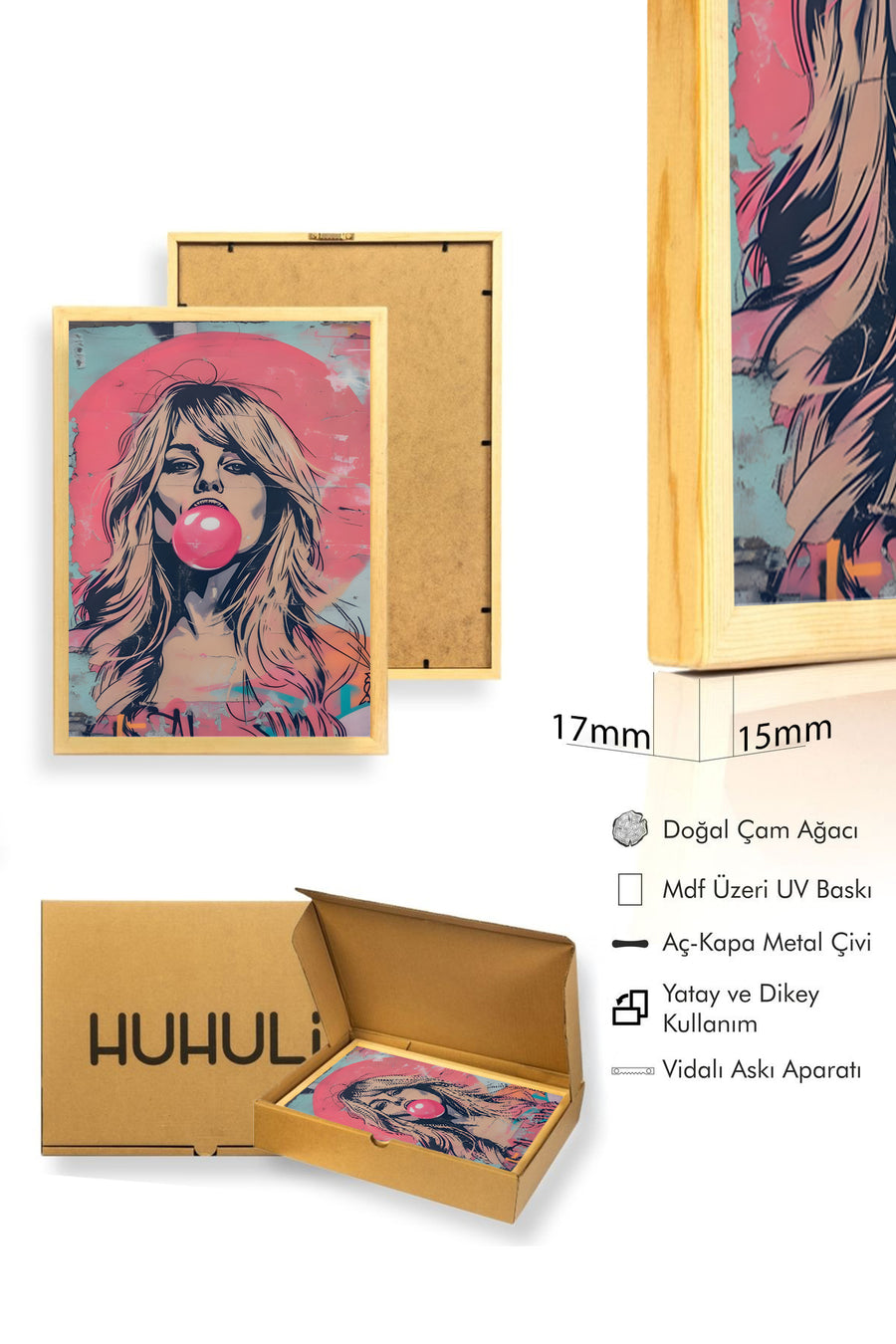 Doğal Ahşap Çerçeveli Grafik Portre Desenli Tablo - Pembe Tonlar | huhu1847