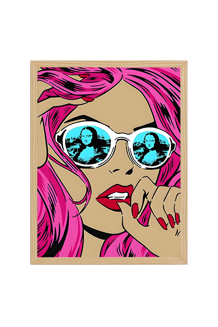 Doğal Ahşap Çerçeveli Pop Art Desenli Tablo - Pembe ve Mavi | huhu1848
