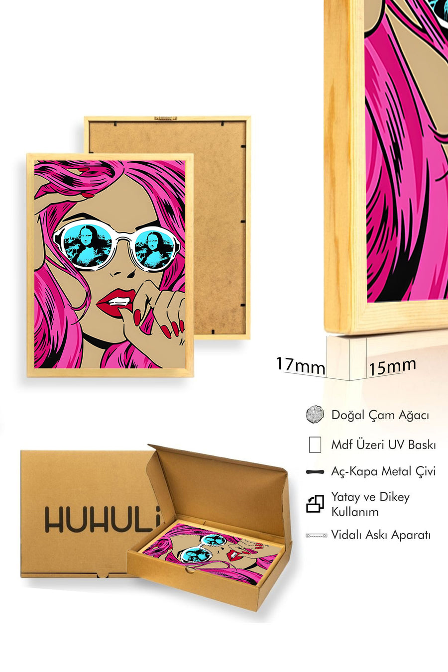 Doğal Ahşap Çerçeveli Pop Art Desenli Tablo - Pembe ve Mavi | huhu1848