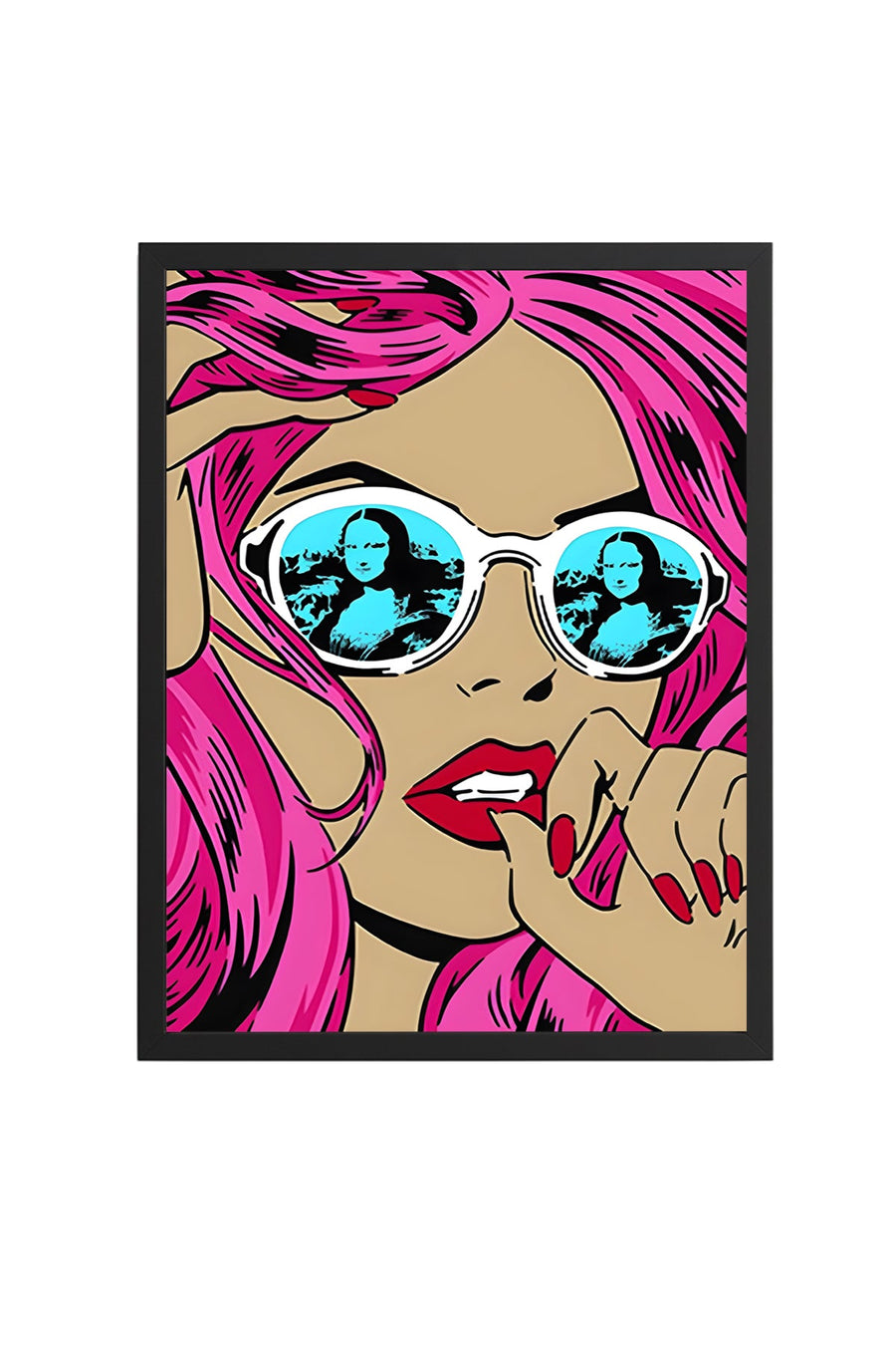 Doğal Ahşap Çerçeveli Pop Art Desenli Tablo - Pembe ve Mavi | huhu1848