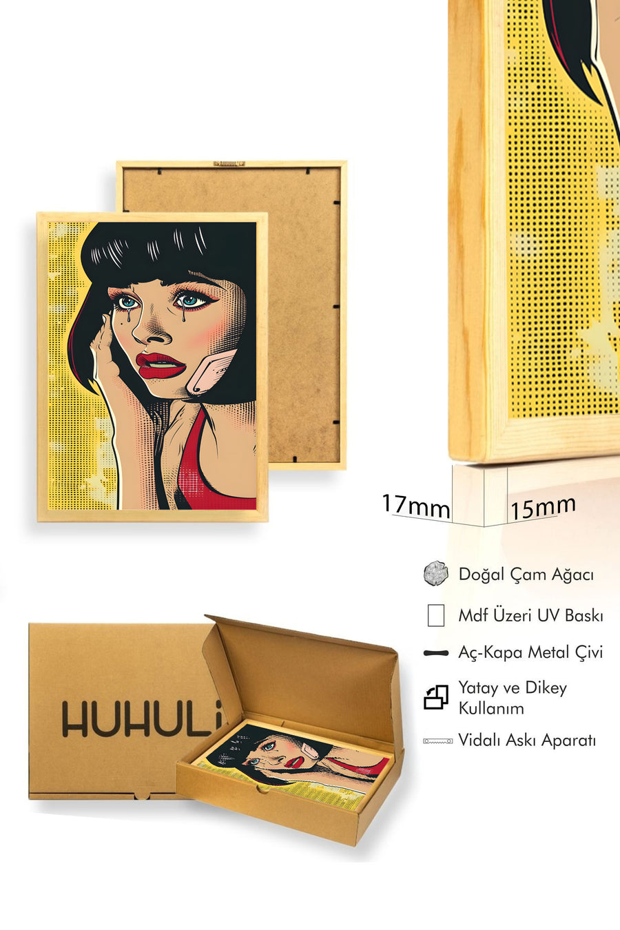 Doğal Ahşap Çerçeveli Vintage Portre Tablo - Pop Art İllüstrasyon | huhu1854