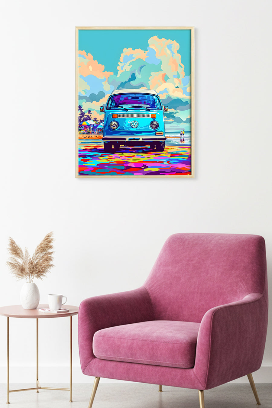 Doğal Ahşap Çerçeveli Pop Art Desenli Tablo - Retro Mavi Tonlar | huhu1855