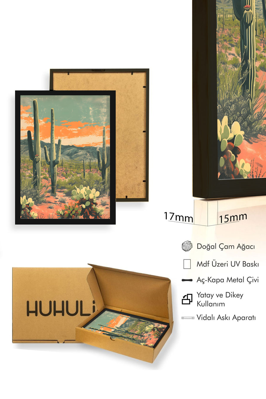 Doğal Ahşap Çerçeveli Minimalistik Çöl Tablo - Turuncu Tonlar | huhu1861