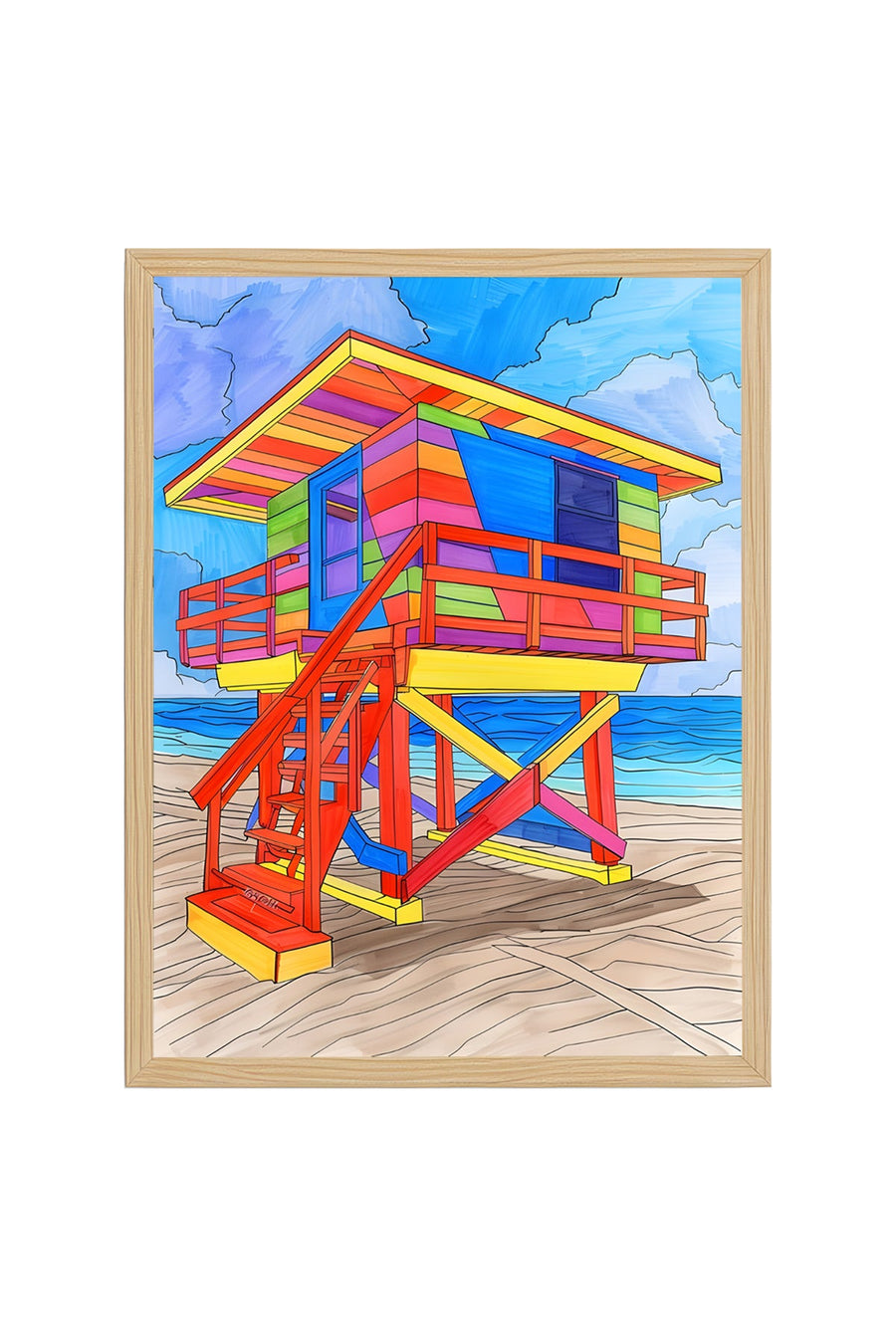 Doğal Ahşap Çerçeveli Canlı Renkli Geometrik Tablo - Pop Art | huhu1870