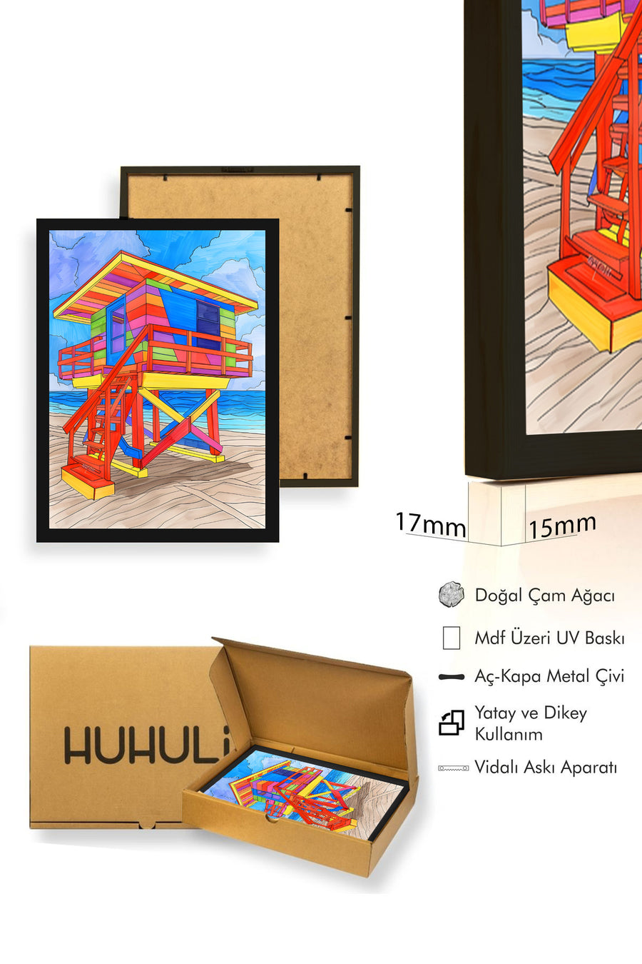 Doğal Ahşap Çerçeveli Canlı Renkli Geometrik Tablo - Pop Art | huhu1870