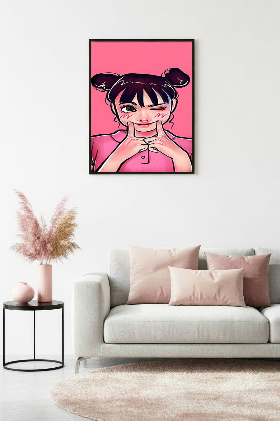 Doğal Ahşap Çerçeveli Portre Desenli Tablo - Pembe Tonlar | huhu1871