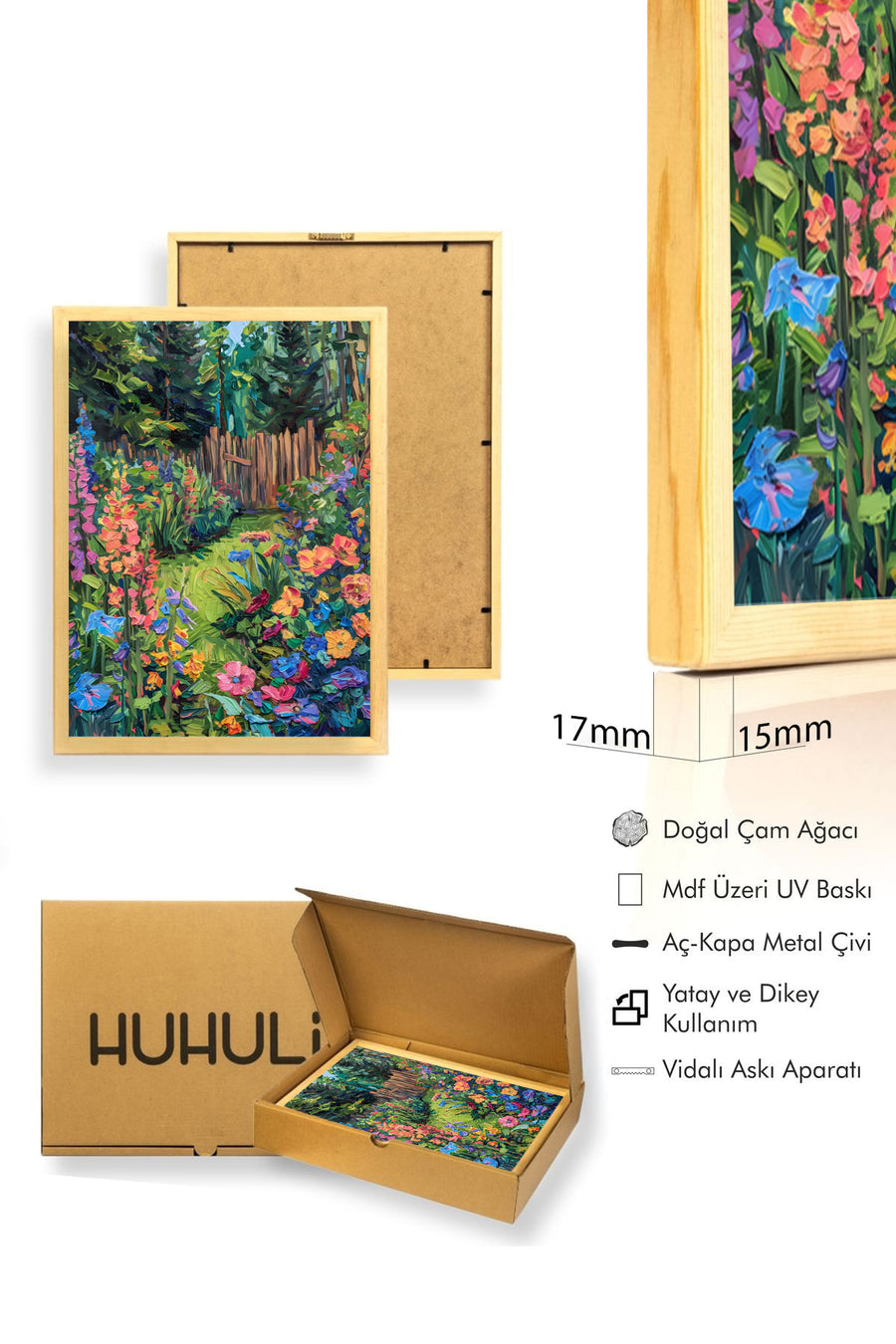 Doğal Ahşap Çerçeveli Çiçek Desenli Tablo - Canlı Bahçe | huhu1876