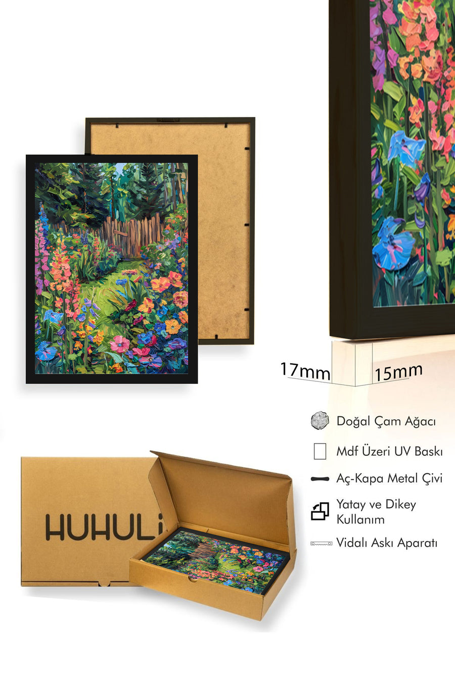 Doğal Ahşap Çerçeveli Çiçek Desenli Tablo - Canlı Bahçe | huhu1876