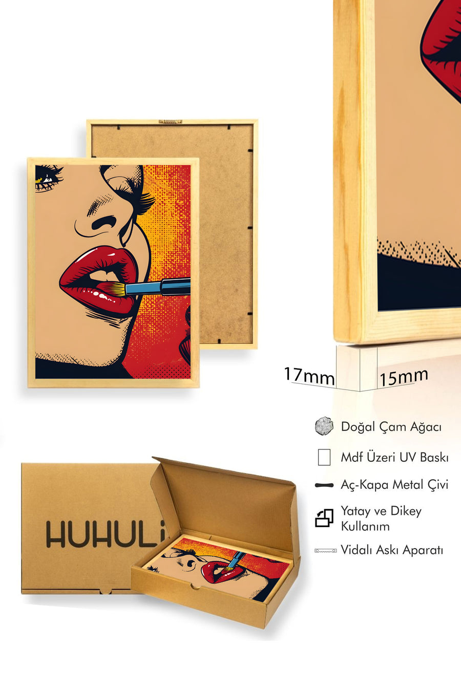 Doğal Ahşap Çerçeveli Pop Art Portre Desenli Tablo - Canlı Tonlar | huhu1877