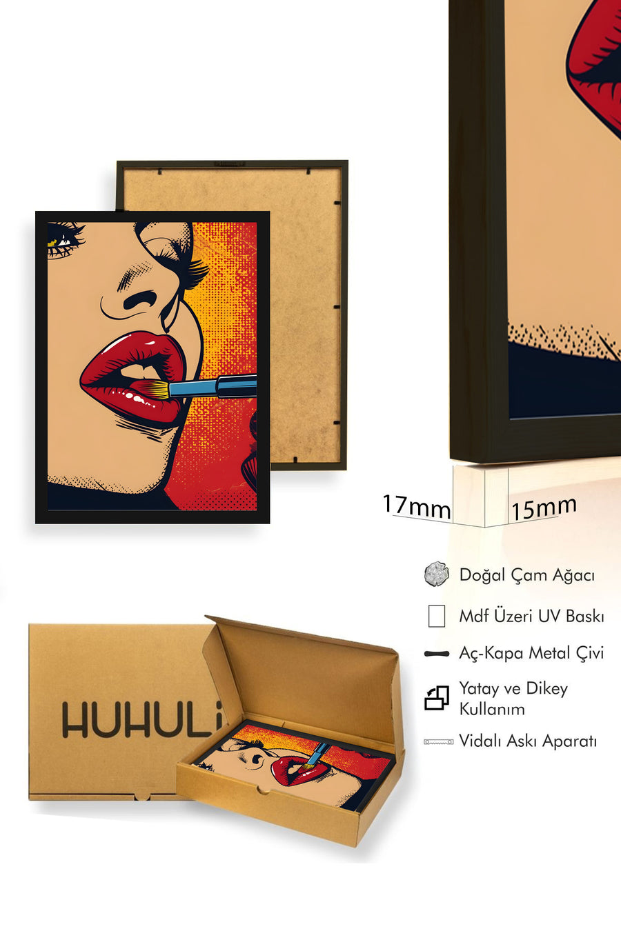 Doğal Ahşap Çerçeveli Pop Art Portre Desenli Tablo - Canlı Tonlar | huhu1877