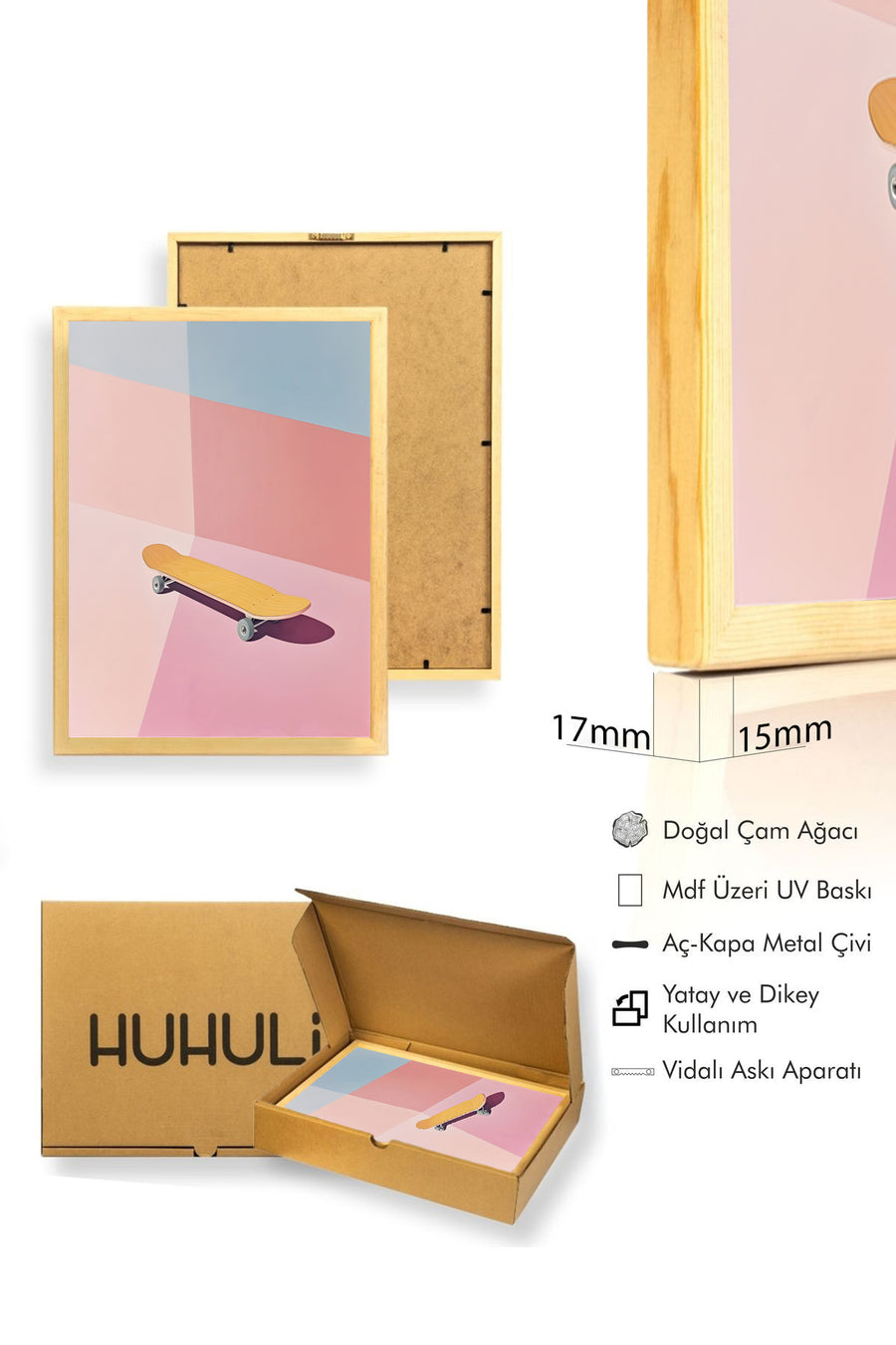 Doğal Ahşap Çerçeveli Minimal Desenli Tablo - Doğal Tonlar | huhu1878