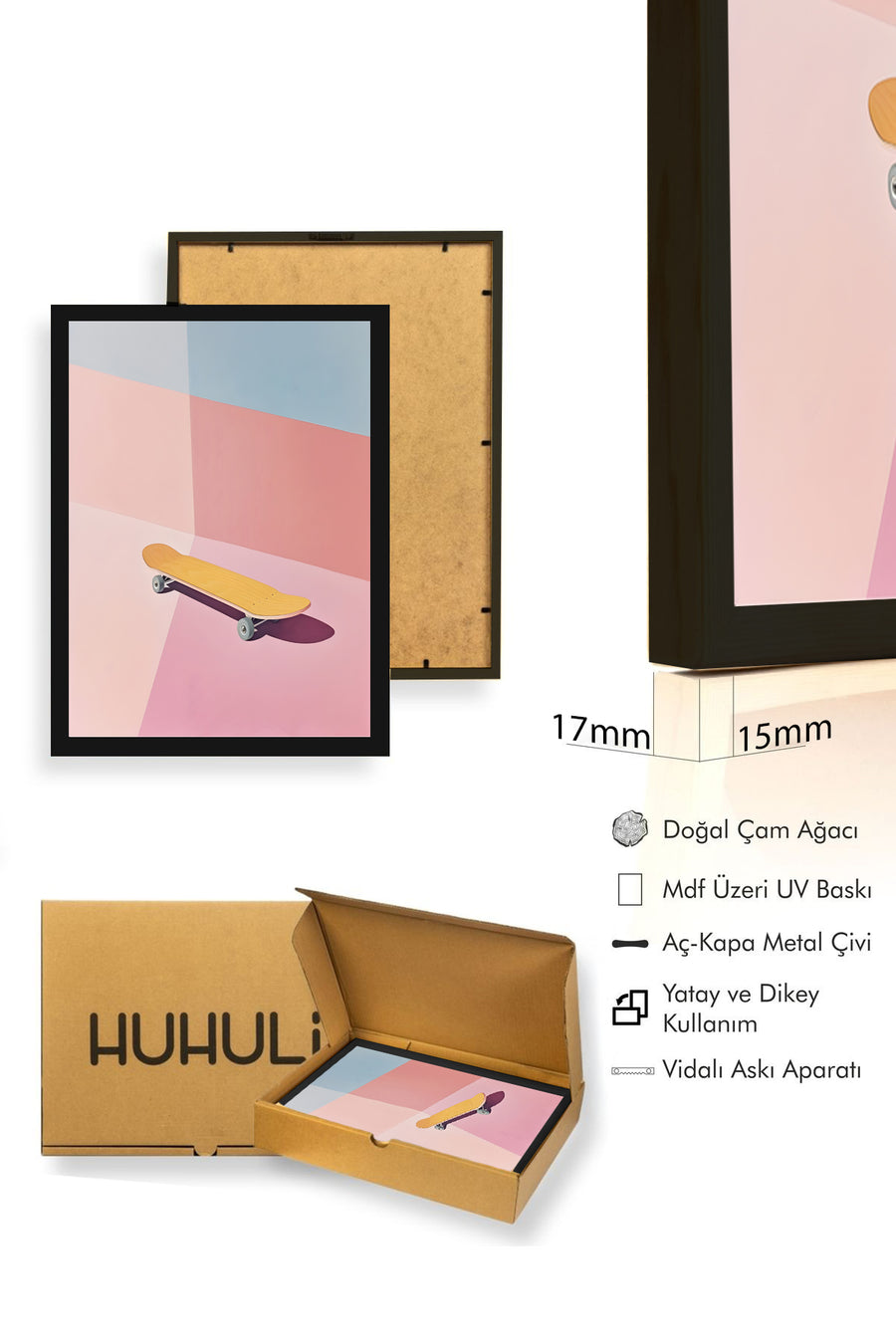 Doğal Ahşap Çerçeveli Minimal Desenli Tablo - Doğal Tonlar | huhu1878