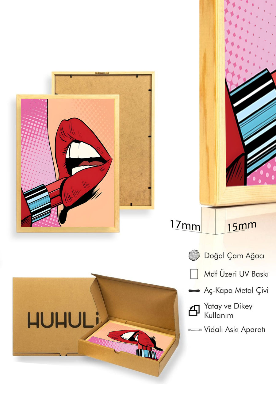 Doğal Ahşap Çerçeveli Pop Art Desenli Tablo - Kırmızı Dudak | huhu1881