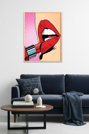 Doğal Ahşap Çerçeveli Pop Art Desenli Tablo - Kırmızı Dudak | huhu1881