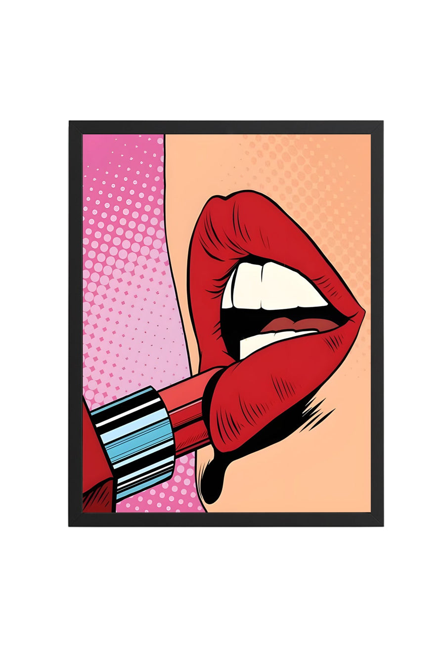 Doğal Ahşap Çerçeveli Pop Art Desenli Tablo - Kırmızı Dudak | huhu1881