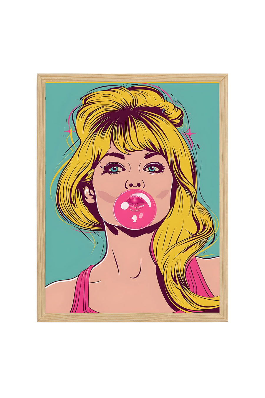 Doğal Ahşap Çerçeveli Pop Art Desenli Tablo - Retro Kadın Portresi | huhu1885
