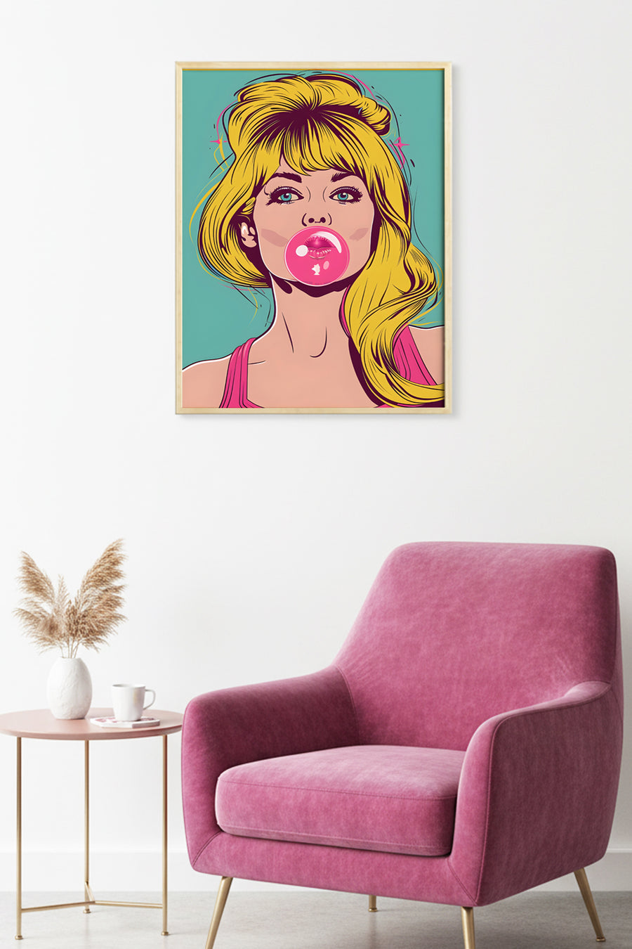 Doğal Ahşap Çerçeveli Pop Art Desenli Tablo - Retro Kadın Portresi | huhu1885