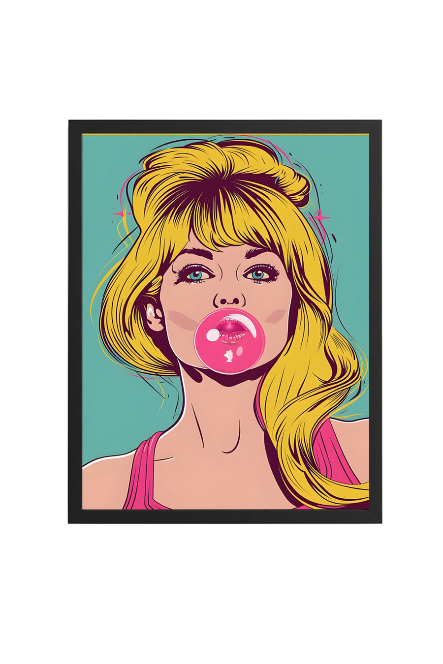 Doğal Ahşap Çerçeveli Pop Art Desenli Tablo - Retro Kadın Portresi | huhu1885