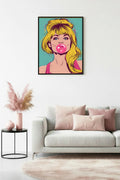 Doğal Ahşap Çerçeveli Pop Art Desenli Tablo - Retro Kadın Portresi | huhu1885