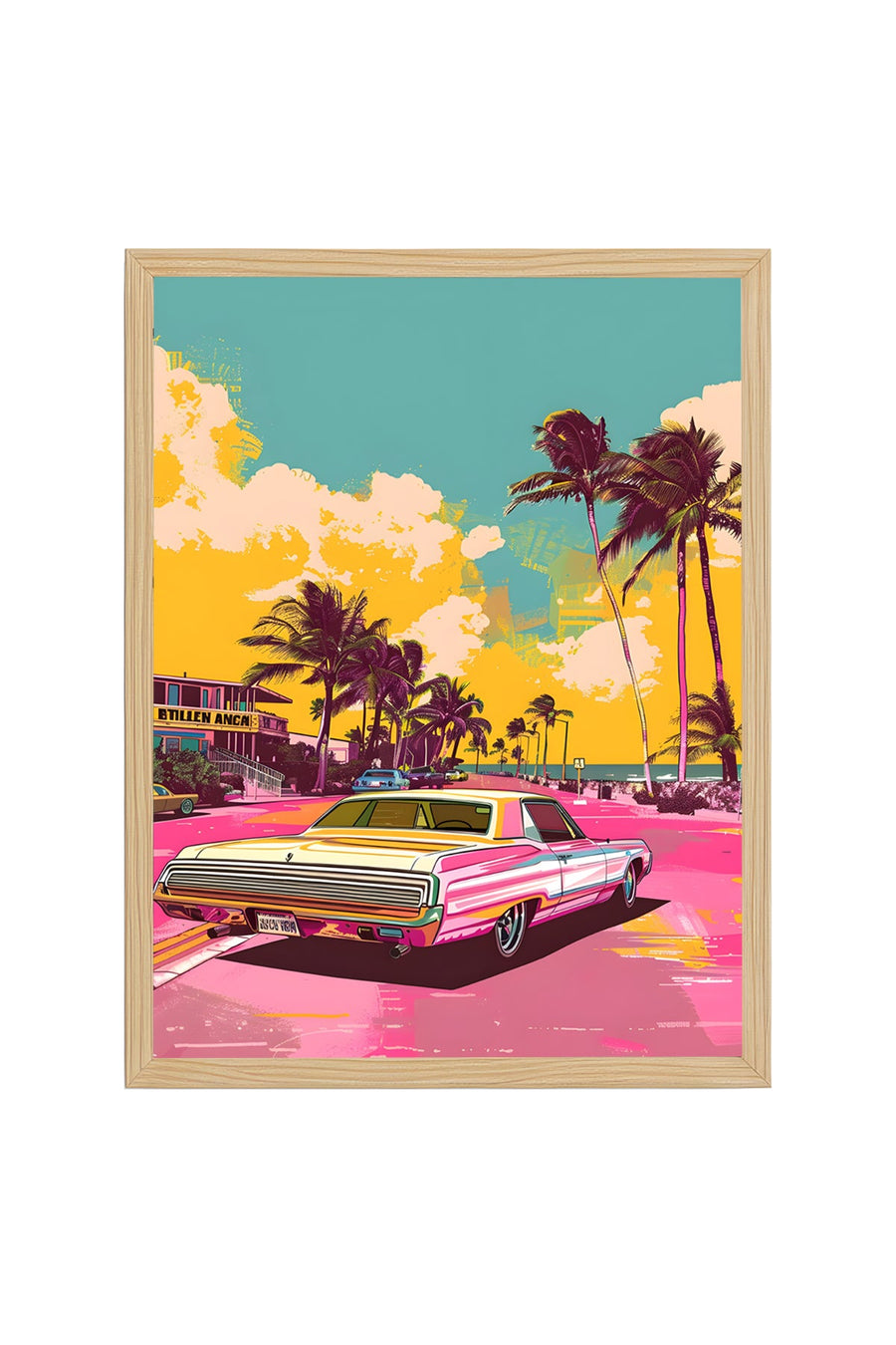 Doğal Ahşap Çerçeveli Retro Otomobil Tablo - Pop Art | huhu1886