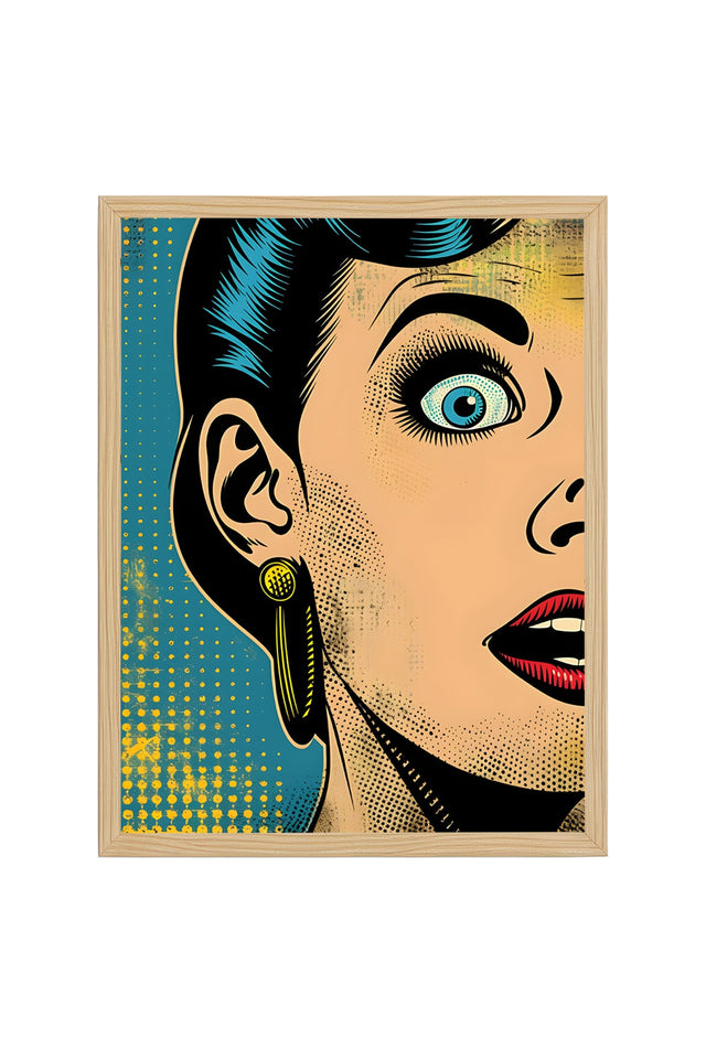 Doğal Ahşap Çerçeveli Pop Art Portre Tablo - Retro Mavi-Sarı | huhu1887